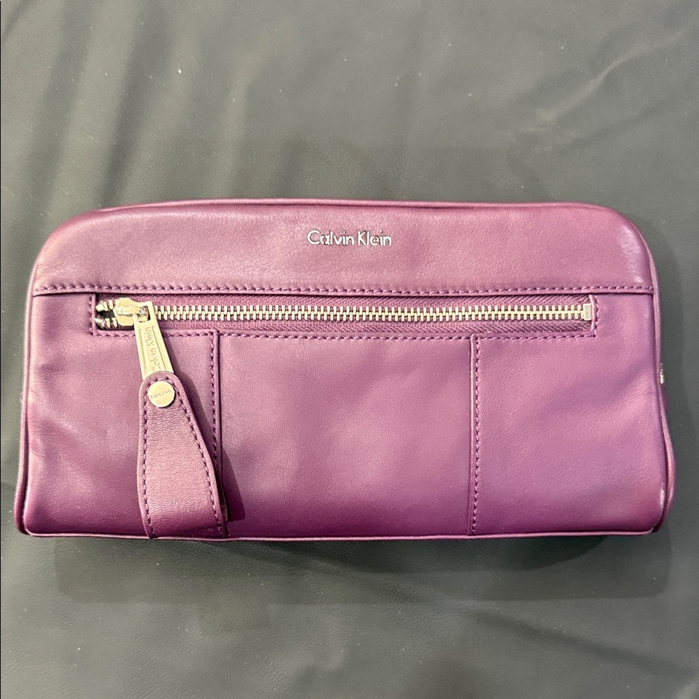 Calvin Klein Plum Leather Wristlet Pouch with silver Hardware